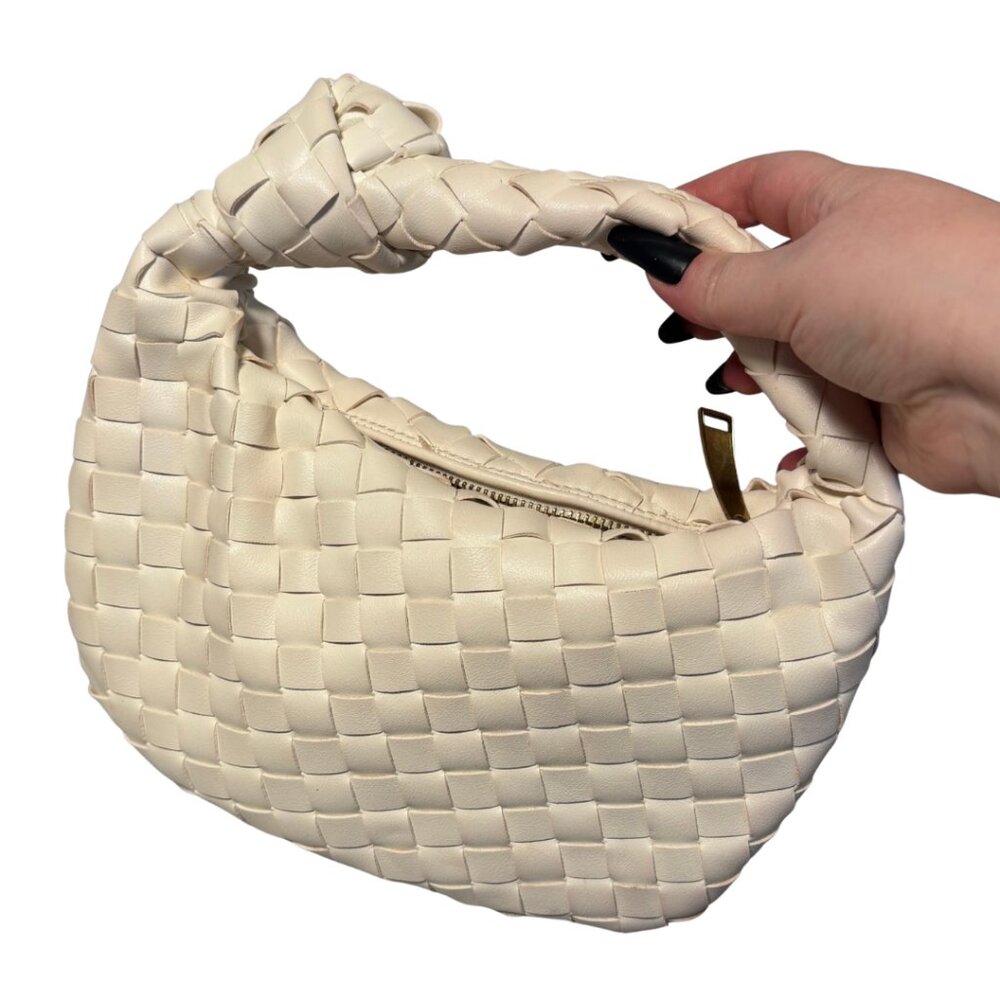 White Basket Weave Mini Purse with Knotted Handle Detail